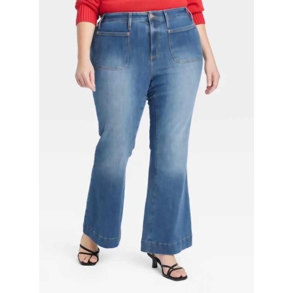 Ava & Viv Flare Jeans Women 24 Blue High Rise Tummy Control Patch Pocket Stretch